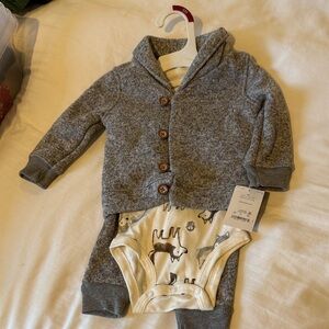 NWT 6 month Gray Hooded Cardigan and Animal Print Onesie Set